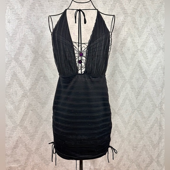 Lucy in the sky black glitter halter mini ruched dress size L - Picture 1 of 7